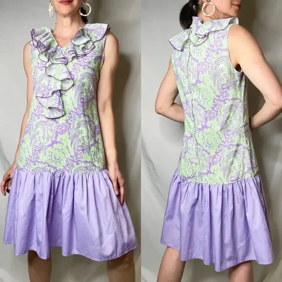 Vintage 60s ruffle front paisley print drop‎ waist midi dress lilac purple green - Picture 10 of 15
